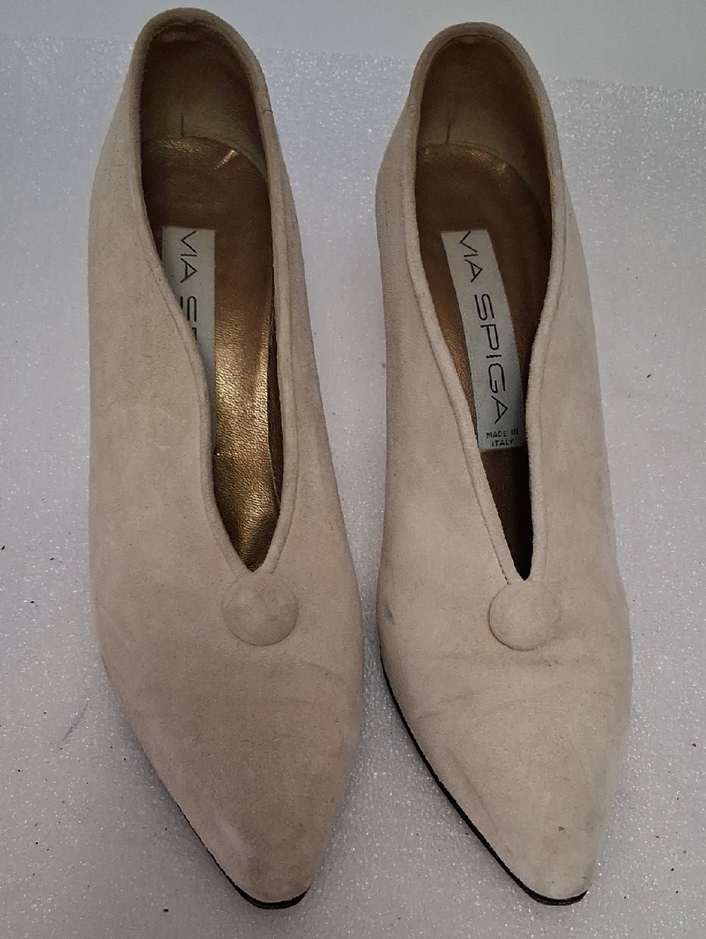 Via Spiga Beige Suede Pointed-Toe Pumps with Button Accent